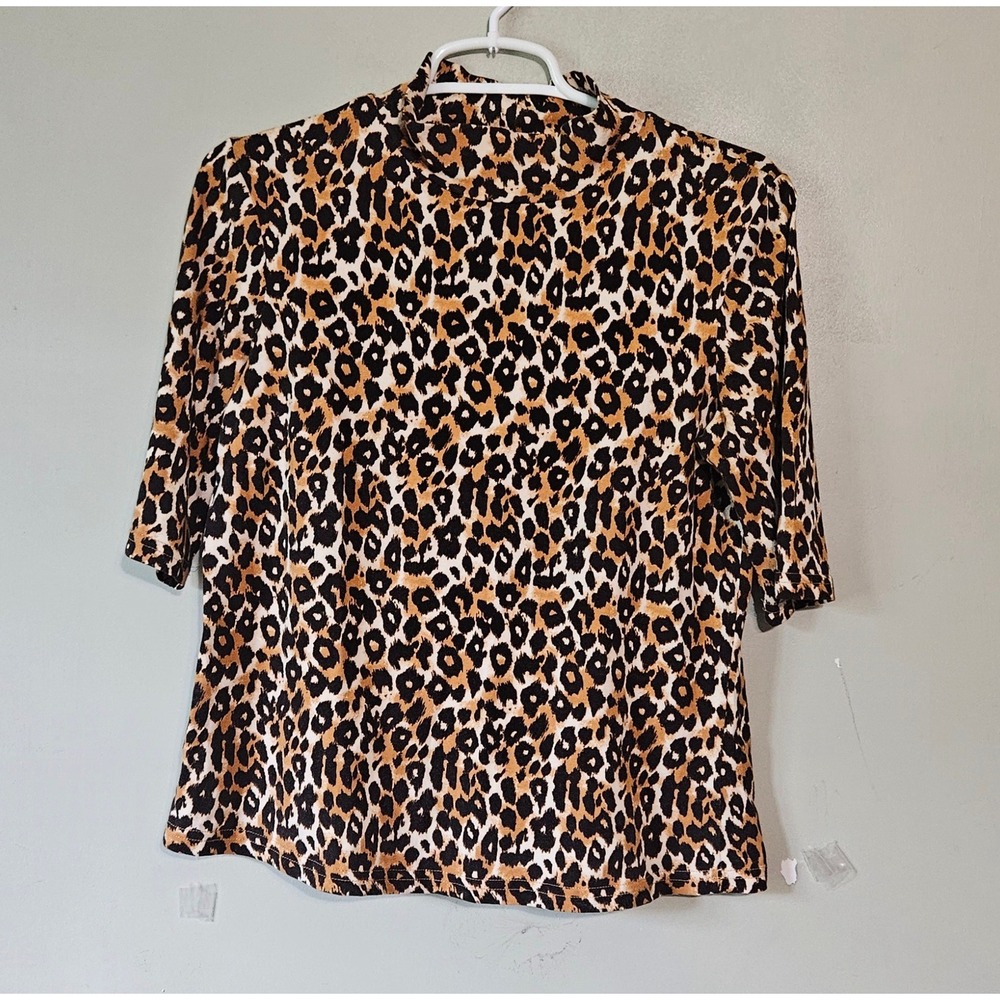 Anthropologie Leopard Print Mock Neck Top Brown Tan Black Cotton Blend Small